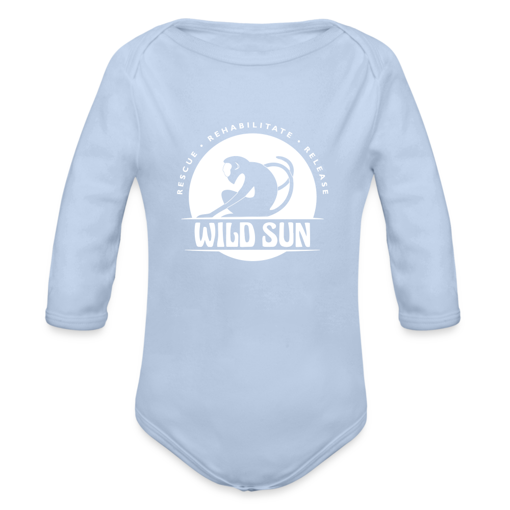Wild Sun Organic Long Sleeve Baby Bodysuit White Logo - sky