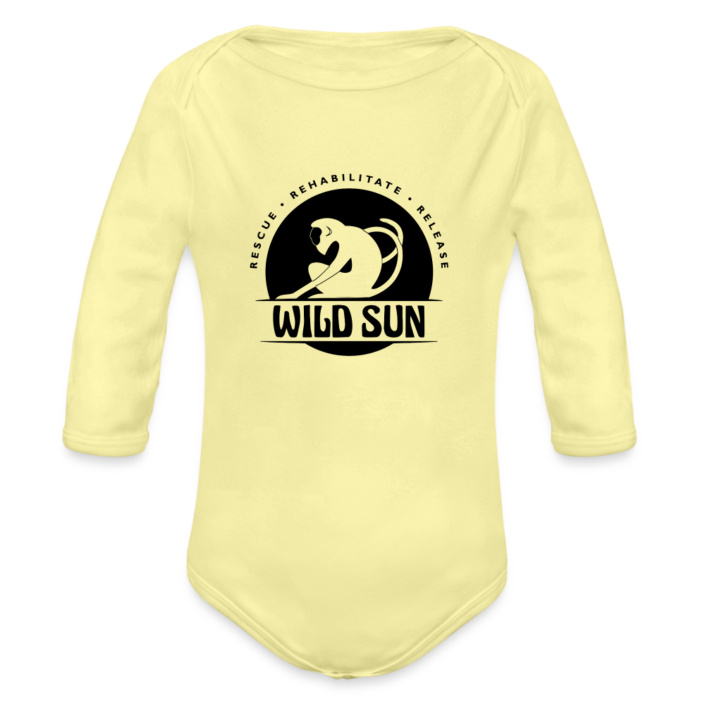 Wild Sun Organic Long Sleeve Baby Bodysuit Black Logo - washed yellow