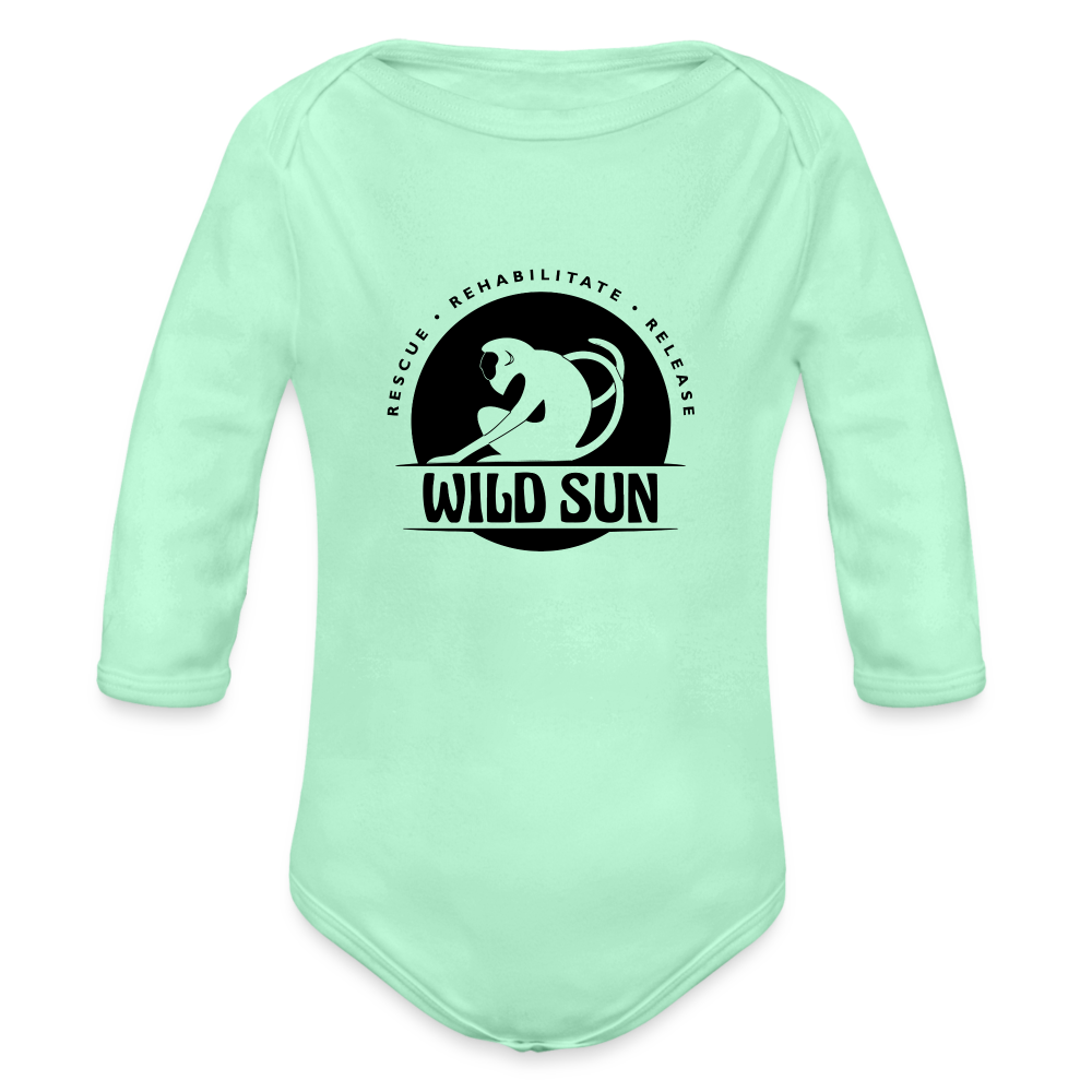 Wild Sun Organic Long Sleeve Baby Bodysuit Black Logo - light mint